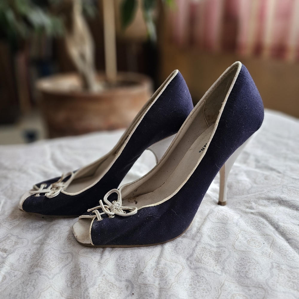 Blue and Cream Heels with Comfortable Slip-On Design